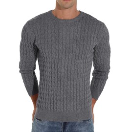 Hisir Men's Winter Cable Knit Jumpers Casual Crew Neck Warm Long Sleeve Pullover Sweater Tops for Men (Dark Grey, L)