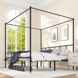 YITAHOME King Size Bed Frame, Metal Canopy Four Poster Bed Frame with Built-in Headboard Strong Metal Slat Mattress Support, No Box Spring Needed, Black