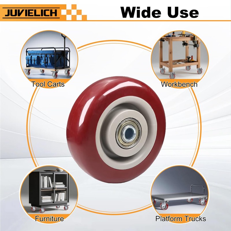Juvielich 4Pcs 2.5 Inch Push Cart Wheels, Red PU Caster