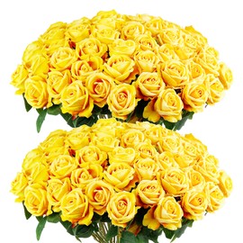 Auihiay 60PCS Yellow Roses Bulk, Yellow Velvet Silk Fake Roses, Realistic Flowers for Wedding Centerpieces, Bridal Bouquets, Home Decor, Baby Shower,Spring Easter Party Decorations