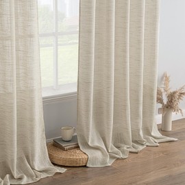 EMEMA Voile Curtain Linen Sheer Curtain with Ruffle Ribbon Sheer Linen Curtains Living Room Set of 2 Window Curtains Decorative Curtains Bedroom 140x145cm White