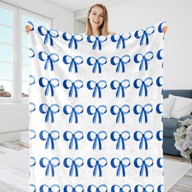 JarThenaAMCS Blue Bow Fuzzy Blanket Blue and White Bowknot Throw Blanket Cute Bowtie Cozy Flannel Blanket for Home Bed Sofa Couch Chair, 50 x 60 Inch