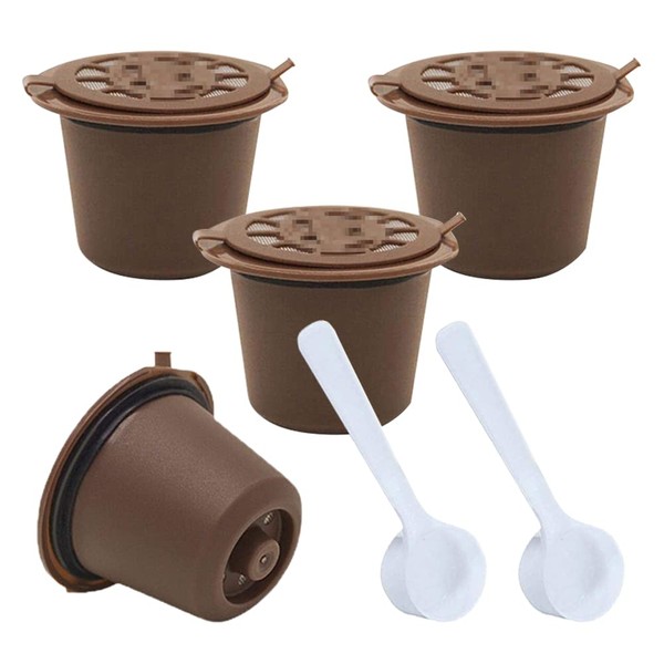 4 pcs Refillable Reusable Coffee Capsules for Nespresso Machines Coffee Capsule with Mesh Filter and 2 Plastic Spoons - Brown