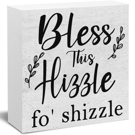 Hiagkmet Bless This Hizzle for Shizzle Wooden Sign Desk Decor,Inspirational Wood Block Sign Desk Decorations for Farmhouse Home Dining Room Living Room Table Decor