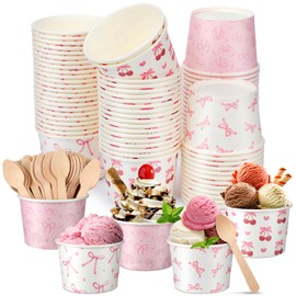 Gejoy 200 Pcs 100 Set Pink Bow Coquette Ice Cream Cup with Spoon 8oz Disposable Paper Dessert Cup Ice Cream Snack Bowl Coquette Party Favor