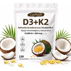 Gwynne Vitamina D3 10.000ui  K2 Mk-7 200mcg,120 cápsulas,2 En 1 Aceite De Coco Virgen,apoyo Oseo,inmunoldgico Y Cardiaco