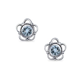Small Round Bali Style Open Flower Blue Topaz Gemstone Stud Earrings Oxidized Sterling Silver December Birthstone 8MM