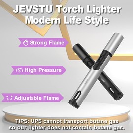 JEVSTU 2 Pack Butane Lighter, Torch with Fuel Level Window, Adjustable Fire Jet Lighter for Fireplace, Windproof Pen for Candle Kitchen BBQ, Fluid not Included, Black & Sliver