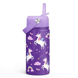 SANDJEST Unicorn Kids Water Bottle With Straw Lid 12oz Insulated Stainless Steel, Travel Tumbler, Unicorn Gifts For Toddlers Girls, Birthday, Christmas, Back To School