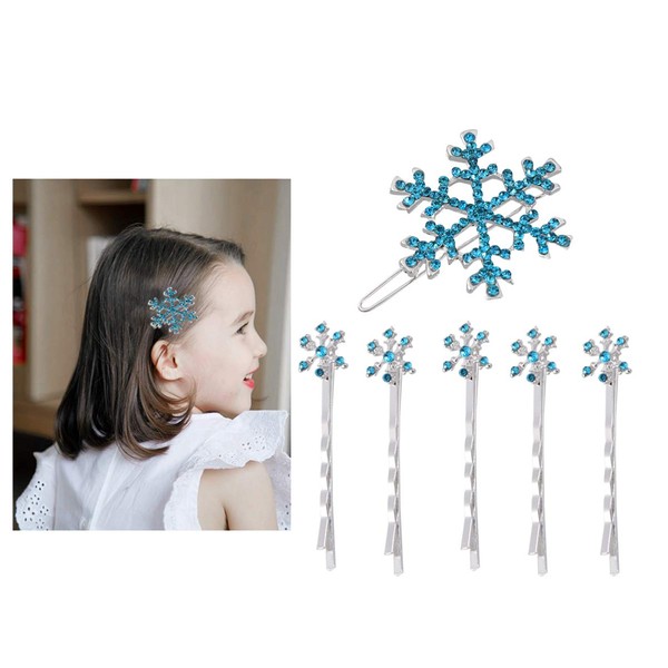 SOLUSTRE Pack of 6 Snowflake Hair Clips Creative Snowflake Alloy Shiny Hair Pins Christmas Hair Accessories for Children Girls Christmas Decoration (5 Blue Hair Pins + 1 Blue