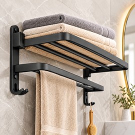 Matte Black 50CM Folding Towel Rack – Wall-Mounted Aluminum Towel Holder with Hooks for Bathroom & Kitchen