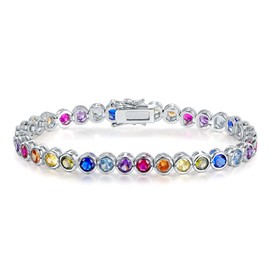 Gemsme 4.0mm Colorful Tennis Link Bracelet, 18K White Gold Plated Bezel-Set 4MM Cubic Zirconia Rainbow Tennis Bracelet for Women