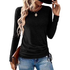 AIZHINENG Womens Long Sleeve Shirts Crewneck Tops Casual Fall Spring Trendy T-Shirts Outfits Clothes 2025 Black