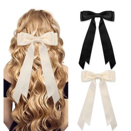 2PCS Cute Hair Bows for Girls Women, Hair Ribbon Bows for Hair Beige Black Hair Ribbon Ponytail Holder Accessories Slides Metal Clips Hair Bow for Women Girls Toddlers Teens Kids