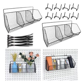 LECEHIVO 4 Pcs Divided Pegboard Baskets Set with 8 Pegboard Hooks and 40 Cable Ties 3 Grid Wall Mount Metal Garage Storage Organizer for Bathroom Workbench Accessory (Black)