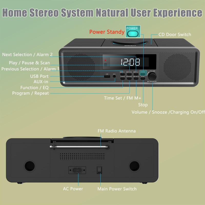 WISCENT Home Stereo System CD Player,Clear 20W RMS Sound System