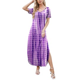 HUSKARY Women's Summer Maxi Dress Casual Loose Pockets Long Dress Short Sleeve Split -Tie Dye Purple