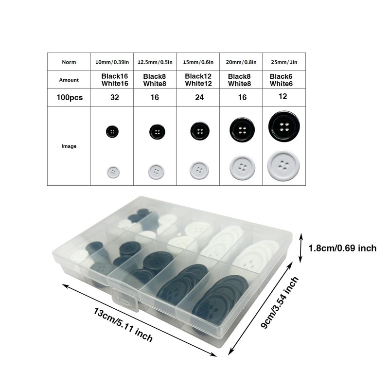 wennuo 100Pcs Sewing Buttons,Round Black 4-Hole Craft Buttons,5 Perfect Sizes