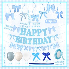Blue Bow Happy Birthday Banner Balloons Party Decorations Coquette Bows Banner Blue Decor for Girl Baby Bridal Shower Bachelorette Party Supplies