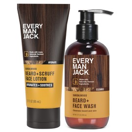 Every Man Jack Men's Beard + Face Wash & Scruff Face Lotion Set - Subtle Sandalwood Scent - Naturally Cleanse, Hydrate, and Soothe Your Beard & Skin