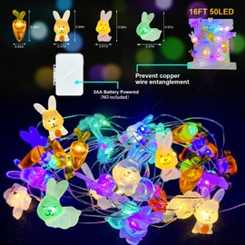 Easter Decorations Bunny Carrot String Lights, 16 ft 50 LED Spring Rabbit Lights for Lawns Garden Outdoor Holiday Party Easter Basket Stuffers Easter Egg Ornaments (2 Pack)