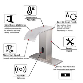 GGStudy Automatic Sensor Brushed Nickel Touchless Bathroom Sink Faucet with Hole Cover Plate Vanity Faucets Hands Free Waterfall Bathroom Water Tap with Control Box and Temperature Mixer