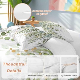 Eucalyptus Bedding 3 Piece Duvet Cover Set Queen Size,Botanical Branch Soft Microfiber Sage Green Comforter Cover with Zipper Closure & Pillowcases,Wrinkle & FadeResistant Farmhouse Floral Quilt Cover