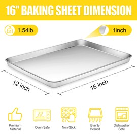 Terlulu Terlulu Baking Sheet, Cookie Sheet, Stainless Steel Baking Pan, 2 Piece-16'x 12' x 1', Sheet Pan for Oven, Jelly Roll Pan, Baking Tray for Baking&Roasting, Nonstick&Nontoxic&Easy Clean