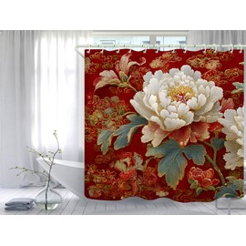 WODEJIA Red Peony Shower Curtain, Chinese Style Floral Embroidery Bathroom Curtain, Waterproof Polyester Fabric Bath Curtain with Hooks, Shower Curtain for Bathroom Decor