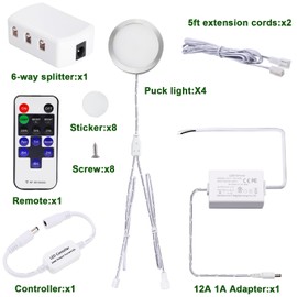 AIBOO Linkable LED Under Cabinet Lights Hardwired 12V Slim Aluminum Dimmable Puck Lights with Remote Control for Cupboard Lighting (4 Lights, Daylight White, NO Wall Plug)