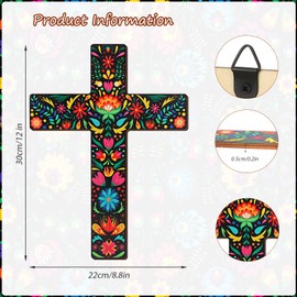 Lebsitey Floral Cross Wall Decor, 2 PCS Mexican Cross Decor, Hand Painted Wood Day of The Dead Wall Cross for Home Room Church Decoration, 8.7 x 11.8 Inch
