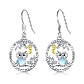 PRAYMOS Owl Moonstone Drop Earrings 925 Sterling Silver Cute Animal Dangle Earrings Hypoallergenic June Birthstone Jewellery Birthday Gifts for Women