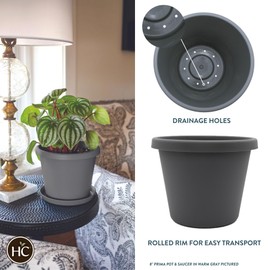 The HC Companies 24 Inch Round Prima Planter - Large Plastic Plant Pot with Rolled Rim for Indoor Outdoor Plants Flowers Herbs, Warm Gray