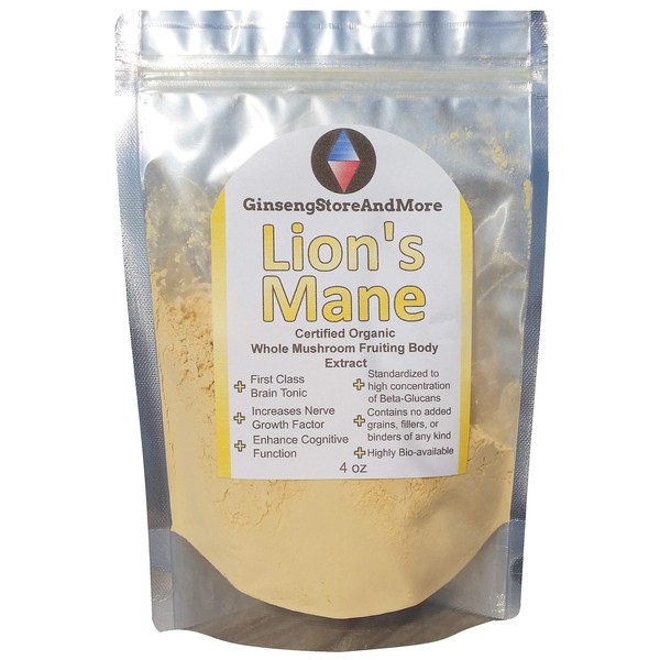 4oz Organic Lion's Mane Mushroom Extracted from Real Mushroom Fruiting Bodies from Nammex | >35% Beta-Glucans | Hericium erinaceus | β-Glucan Energy, Mental Health, Immune System, Nerve Growth Facor