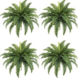 Richeerca Fake Ferns, 35IN Realistic Fake Bush Plants, 4 Faux Ferns with 39 Fronds for Outdoors Garden Planter Porch Entrance Home Decor