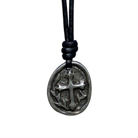 Cross Coin Leather Necklace Men - Gold Religious Pendant, Medallion Christmas Gifts, Catholic Jewelry, Mens Crosses, Women Gift for Husband, Christian Faith, Best Friend Protection (Silver)