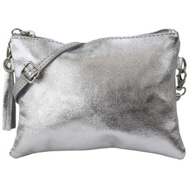 SH Leder Real Leather Shoulder Bag, Clutch Bag, Small Evening Bag, 22 x 15 cm, Anny, G248 - Silver -