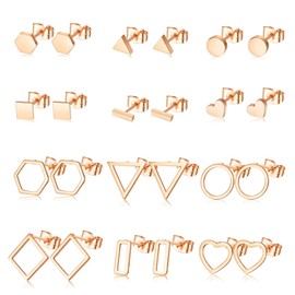 JOERICA Rose Gold Tone Geometric Minimalist Stud Earrings for Women Simple Rhombus Hexagon Triangle Bar Heart Circle Earrings Set