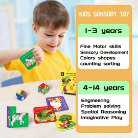 Wooden Cube Jigsaw Puzzle Animal Theme for Toddlers 1+ Years Old, 9-Piece Storytelling Design, 6 Unique Patterns, English Reference Cards, Enhances Logic, Spatial Awareness, & Hand-Eye Coordination