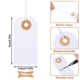 Prudiut 100 Pack Gift Tags with Elastic String White Price Tags Marking Hang Tag Attached Reinforced Hole Writable for Christmas Gifts Inventory Tag Stocking Stuffers 2.75'' x1.37''