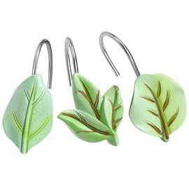 EleCharm 12PCS Leaves Shower Curtain Hooks, Green Plant Leaves Decorative Shower Curtain Rings Rustproof Stainless Steel Shower Hooks Bathroom Decoration Accessories (Leaf A)