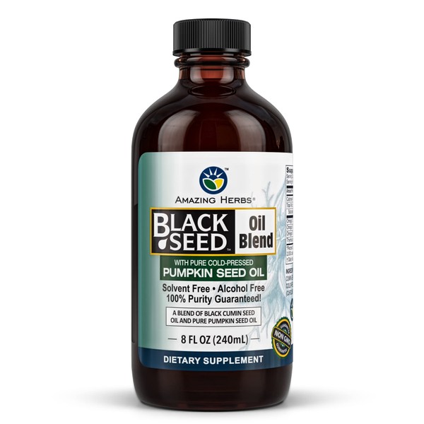 Amazing Herbs Black Seed and Pumpkin Seed Cold-Pressed Oil Blend - Gluten-Free, No Preservatives, High in Omega 3, 6, & 9, Improves Immune Respones & Promotes Digestive Health - 8 Fl Oz