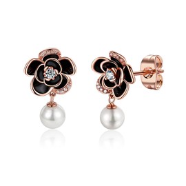 MYBELLNA 14K Gold Dainty Flower Earrings Black Rose Gold Flower Pearl Stud Earrings for Women Sterling Silver Post Hypoallergenic Earrings for Women Mum Her, Sterling Silver, Cubic Zirconia