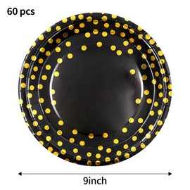 Sveikie 60 Pcs Black & Gold 9 Inch Disposable Plates, Dessert & Dinner Paper Plates for Birthday, Wedding, Anniversary, Graduation Party Tableware Supplies
