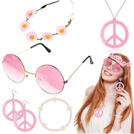 SlowTon 6PCS Hippie Costume Accessories Set - Women 60s70s Retro Hippie Accessories 1970s Peace Sign Necklace Earrings Flower Headband Bohemian Wristband and Colored Sunglasses for Groovy Party Girls