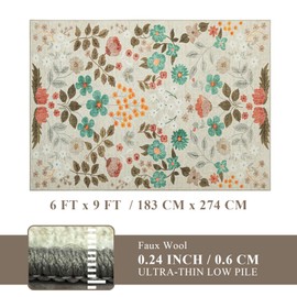 YIHOUSE Floral Beige 6x9 Washable Living Room Area Rug, Non Slip Soft Bedroom Rug, Ultra Thin Large Colorful Flower Carpet for Dining Room Home Office Beige,6'x9'
