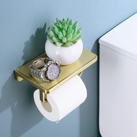 DIKUROOMS Brushed Gold Toilet Paper Holder with Phone Shelf, Wall Mounted Zinc Alloy Bathroom Accessories Rustproof Tissue Roll Holders Dispenser