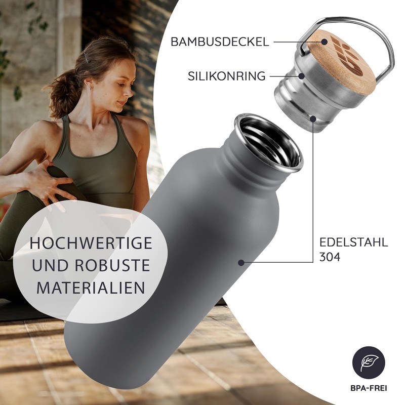 Bambaw Drinking Bottle 1 Litre Stainless Steel, Non-Insulated Drinking Bottle,