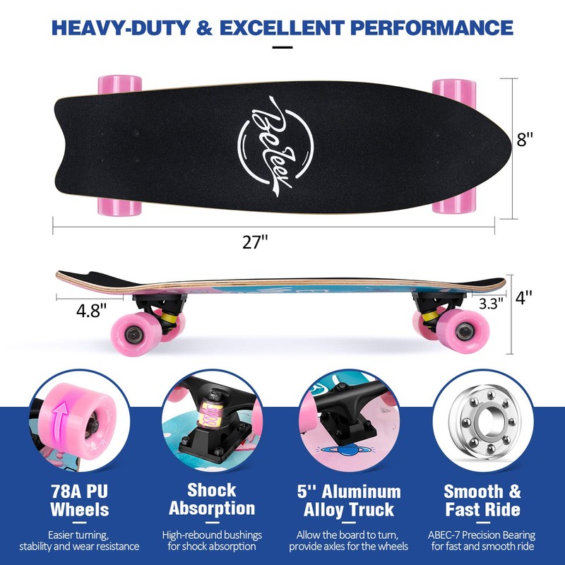BELEEV Cruiser Skateboards for Beginners, 27 Inch Complete Skateboard for