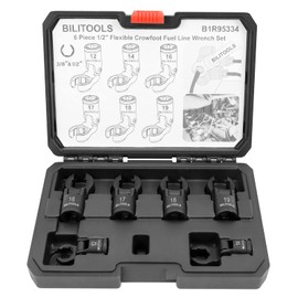 BILITOOLS 6PCS Flex Head Crows Foot Line Wrench Set, 3/8" & 1/2" Drive Injector Fuel Line Sockets Wrench Set, Crowfoot Flare Nut Socket Wrench Metric 12 14 16 17 18 19 mm with Storage Box